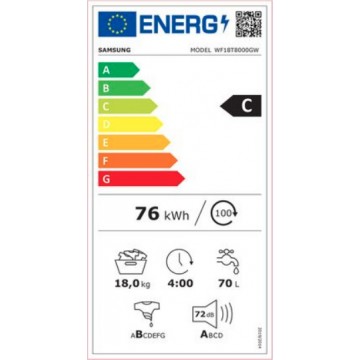 Samsung Πλυντήριο Ρούχων 18kg με Ατμό 1100 Στροφών WF18T8000GW/LV